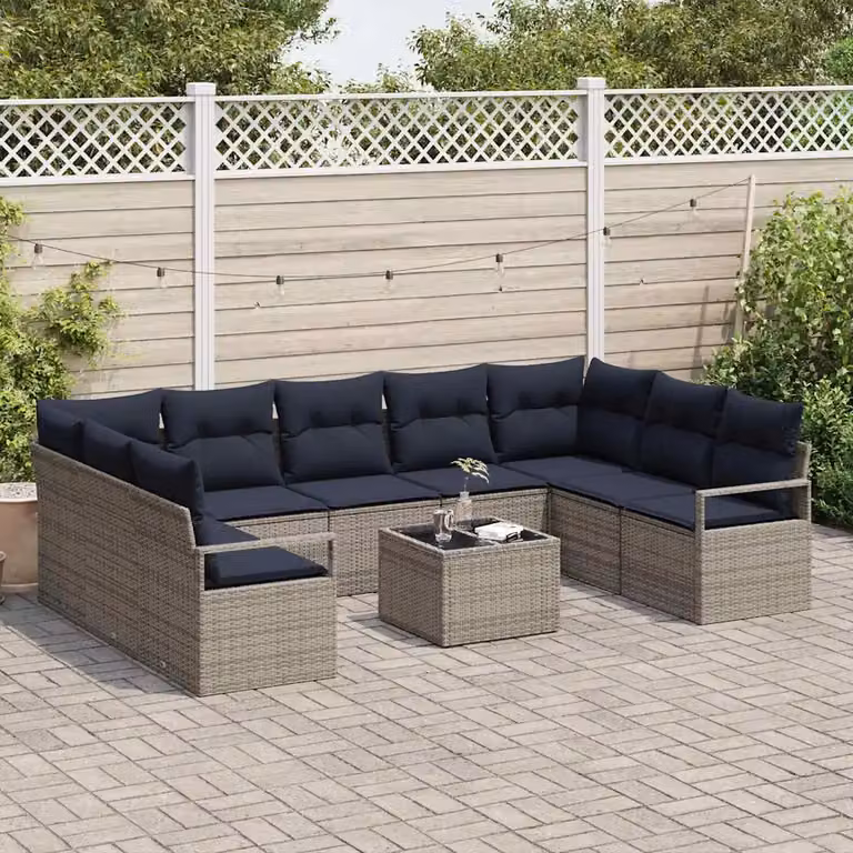 Set di divani da giardino vidaXL a forma di U in rattan grigio con tavolo da caffè e cuscini inclusi