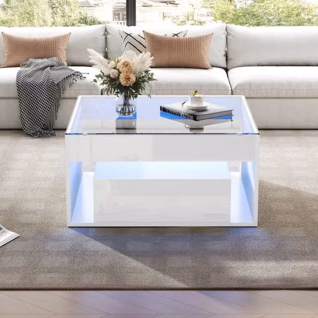 Tavolino 70x70x35 cm in vetro temperato bianco lucido con LED, design traforato, 2 cassetti. Per soggiorno, come scrivania o tavolo da pranzo