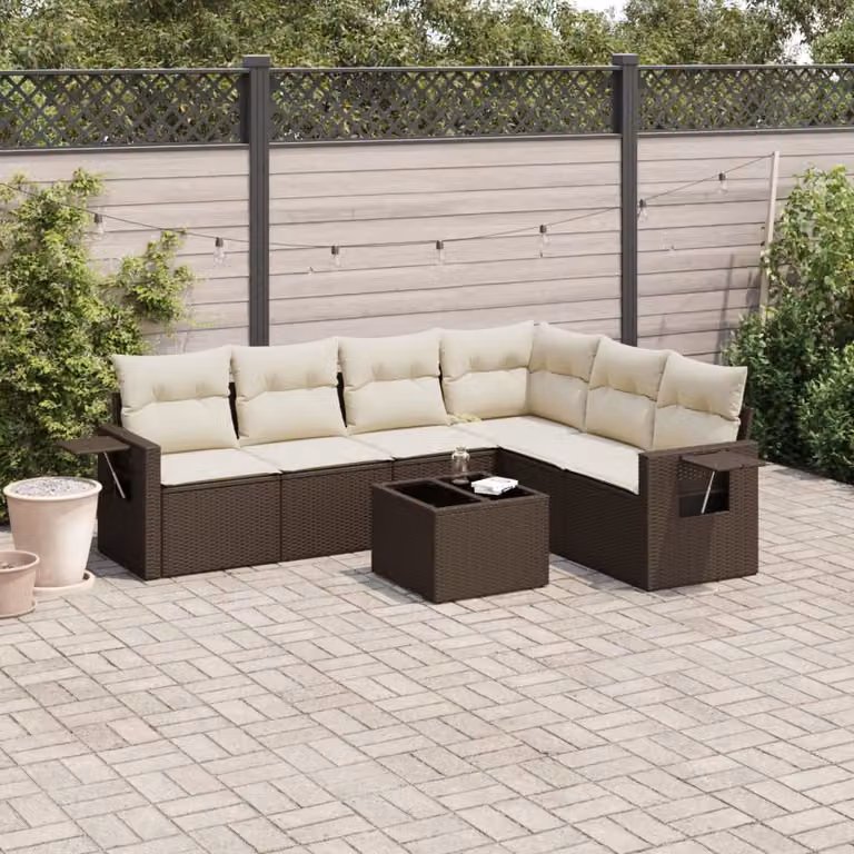 Set di divani da giardino vidaXL 7 pz in polyrattan marrone con cuscini e tavolino da esterno