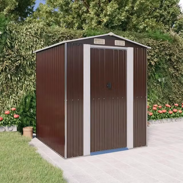 Capanno da giardino Videx in acciaio zincato marrone con tetto a capanna e porte scorrevoli L/P/H: 192 x 191 x 223 cm – 1