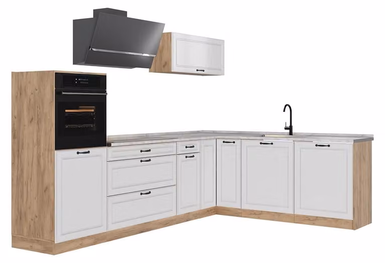 Cucina angolare completa Vicco R-Line Bianco country/Rovere dorato 287 x cm piano di lavoro Marmo, Model 68156