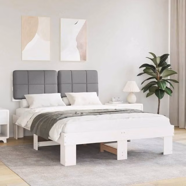 Letto con Testiera Rivestita Bianco e Grigio chiaro 877413