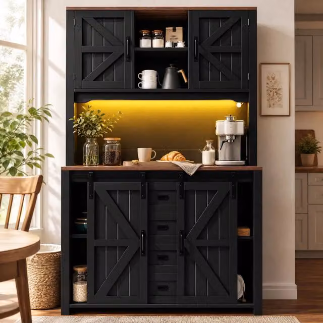 Armadio da cucina REDOM con ante scorrevoli e illuminazione integrata, Nero/Bianco, L: 115 cm, P: 40 cm, H: 174,7 cm – 1