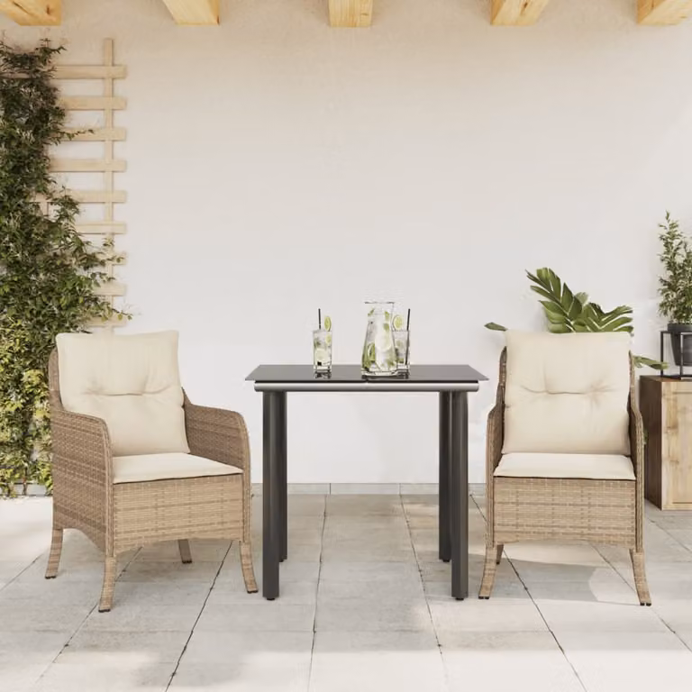 Set da Pranzo da Giardino 3 pz vidaXL in Polyrattan con Cuscini Beige e Tavolo in Vetro
