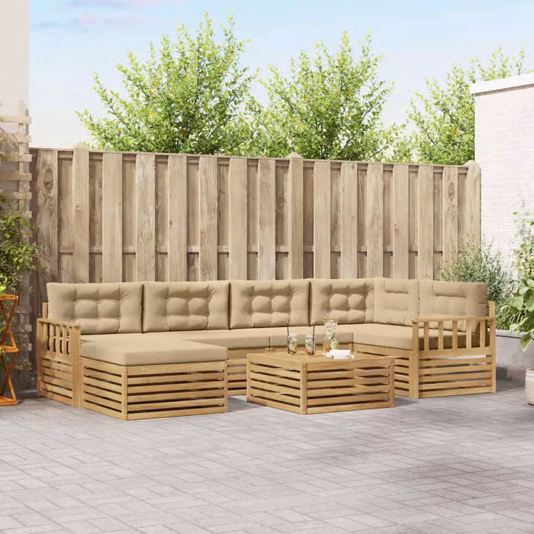 Set di divani da esterno vidaXL 7 pz in legno di acacia con cuscini Bianco e Beige