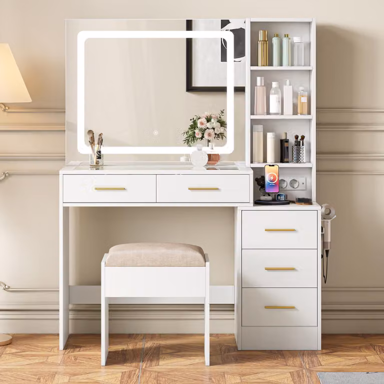 ProximaX: Tavolino da trucco bianco con specchio a LED, piano in vetro, 5 cassetti e sgabello