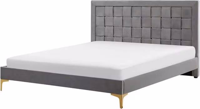 Letto Matrimoniale Imbottito Beliani in Velluto Grigio con Gambe Dorate L/P/H: 140 x 200 x 147 cm