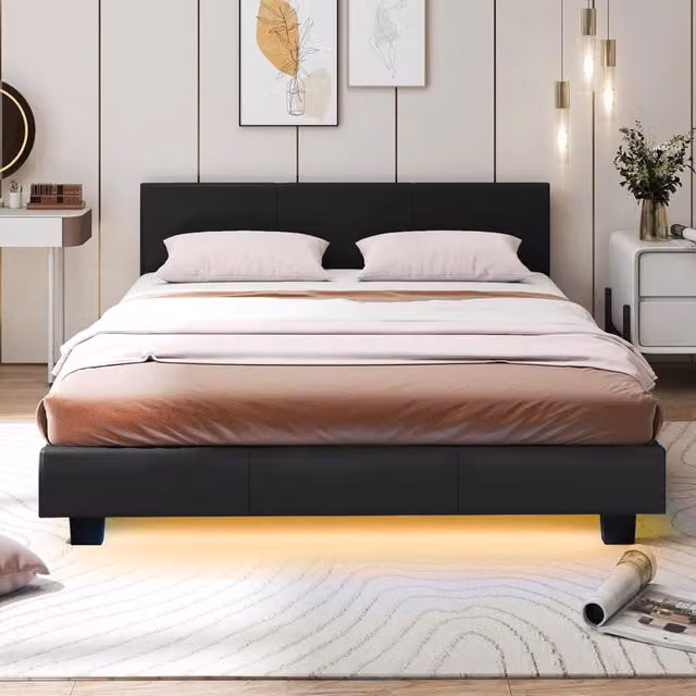Letto Matrimoniale Costway in Legno con Testiera Imbottita, Illuminazione LED Sotto il Letto e Telecomando, Nero, 140x200 cm – 1