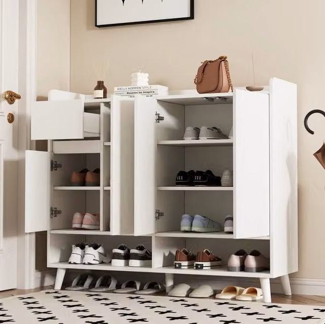 Mobile moderno bianco con 4 ante, 1 cassetto e ripiano regolabile, 120x99x35 cm, per soggiorno, cucina o sala da pranzo