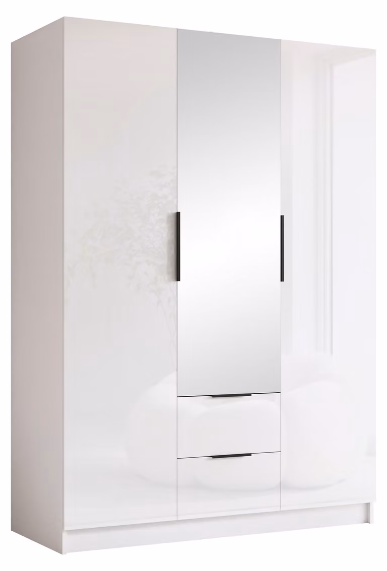MIRJAN24 Armadio Calwi II 150, camera da letto, con specchio, armadio a ante battenti, con asta appendiabiti, moderno, guardaroba, maniglie in metallo (colore: bianco / bianco lucido + nero)