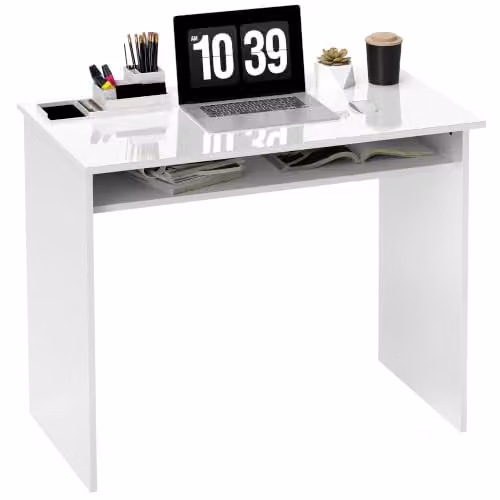 HOMCOM Scrivania moderna, tavolo ufficio, 90x50 cm, bianco lucido