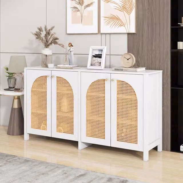 Credenza Moderna con Ante in Rattan e Maniglie in Metallo ¨C MINIMAL ¨C Bianco