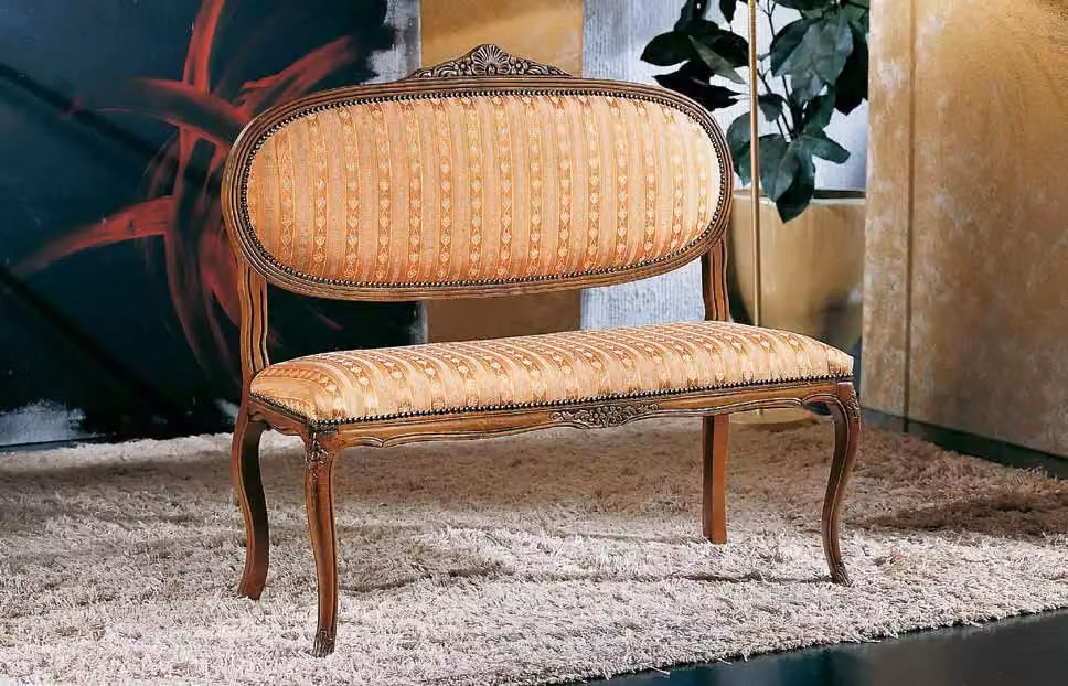 Divanetto imbottito in legno di faggio intagliato con fregi Mobili 2G blu a righe L: 104 cm, P: 42 cm, H: 96 cm – 2