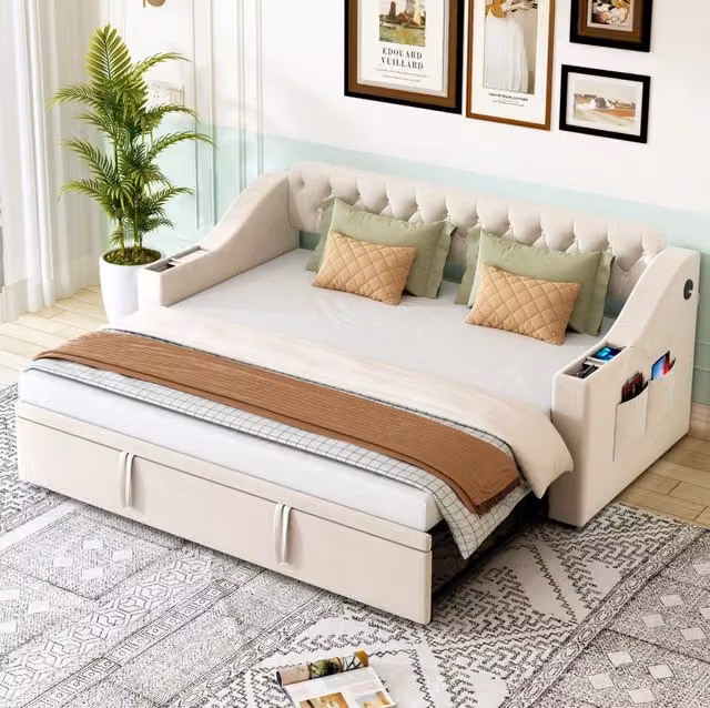 Divano letto imbottito 90x190 cm trasformabile in 180x190 cm; velluto beige con USB