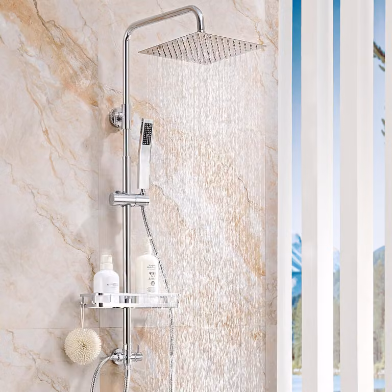 Colonna doccia in acciaio inossidabile, ripiano extra-large, regolabile in altezza da 72 a 110 cm, finitura cromata