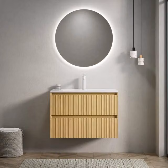 Mobile sottolavabo ¨C Minimal ¨C Legno multistrato rovere, 75cm, 2 cassetti, lavabo ceramica bianco