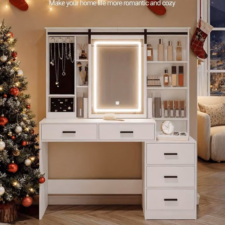 Tavolino da trucco - Specchiera da trucco - Tavolino per il trucco - Mobile per il trucco - Specchiera - Bianco - Illuminazione LED regolabile