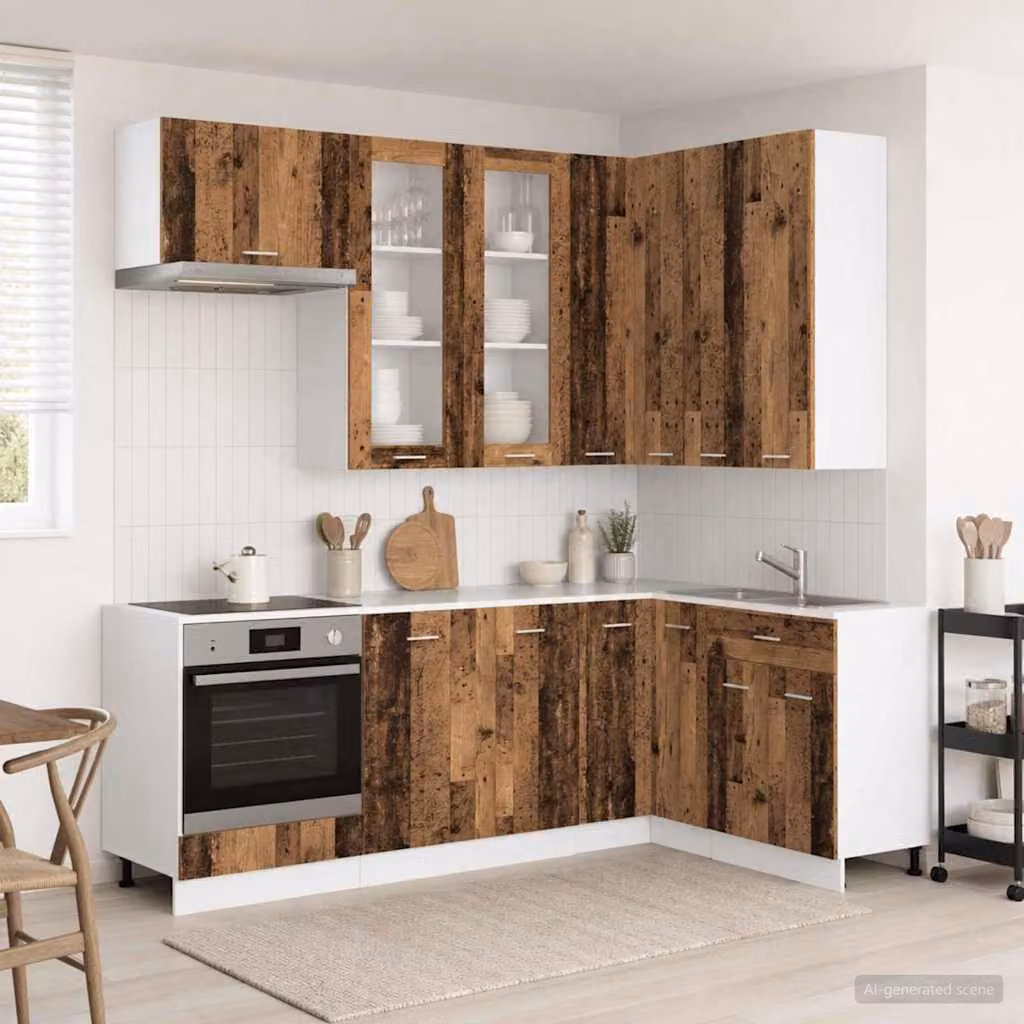 vidaXL Unità Cucina LYON 8 Pezzi in Legno Ingegnerizzato Colore Marrone e Grigio con Ante in Vetro e Ripiani Interni