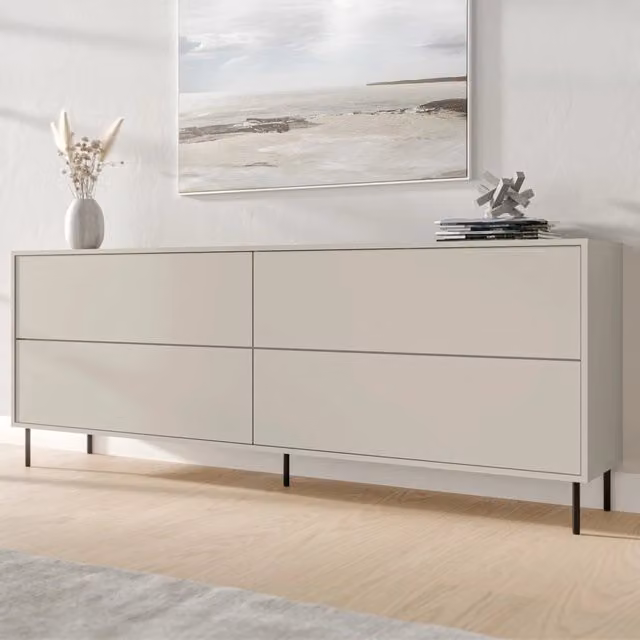 Madia Cataldo DMORA, Credenza moderna in legno e metallo, Beige e Nero, L: 200 cm, P: 39 cm, H: 75 cm