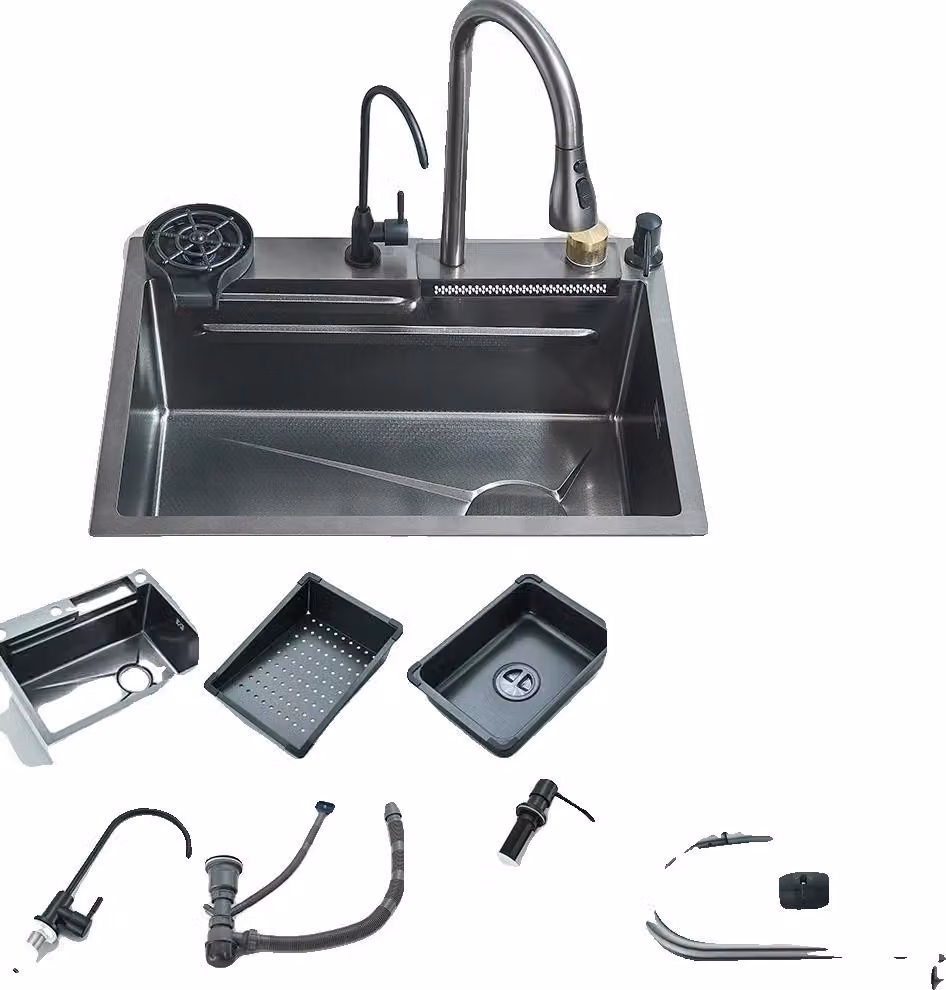 Lavello da cucina in acciaio inox, vasca singola grande, rubinetto con display digitale, 60X45CM 003