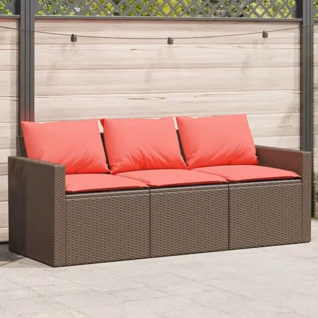 Divano da Giardino a 3 Posti con Cuscini in Polyrattan Marrone 366348