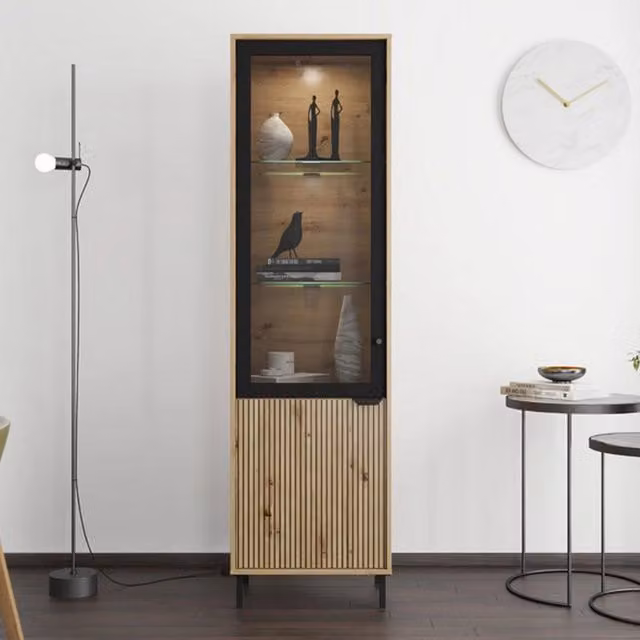 Mobile Espositore DMORA Sorisole con Vetrina e 4 Ripiani, Colore Marrone Rovere Nodi, H 195 x L 54.5 x P 40 cm – 1