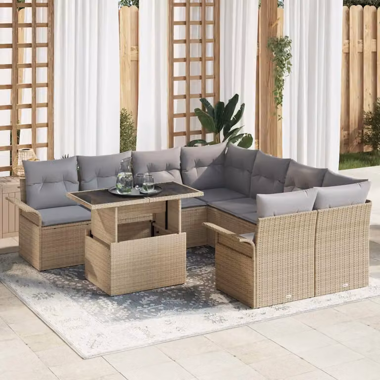 Set Divano da Giardino vidaXL 9 pz in Polyrattan Beige con Tavolino e Cuscini