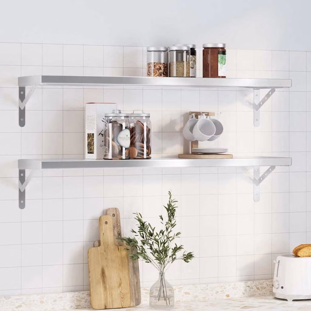 Set di 2 mensole da muro vidaXL in acciaio inossidabile argento opaco, L: 100 cm, P: 23,5 cm