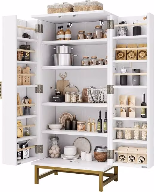 Base cucina moderna bianca e oro con ante a battente e ripiani interni, L/P/H: 60 x 40 x 130 cm