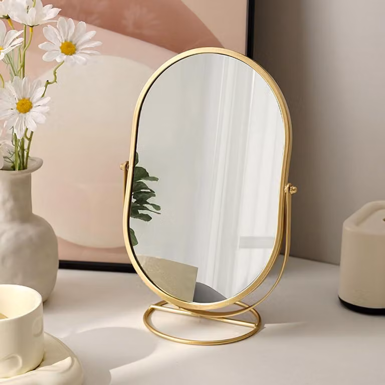 Specchio da trucco ovale con base – Oro, cornice in metallo, 30,5 cm