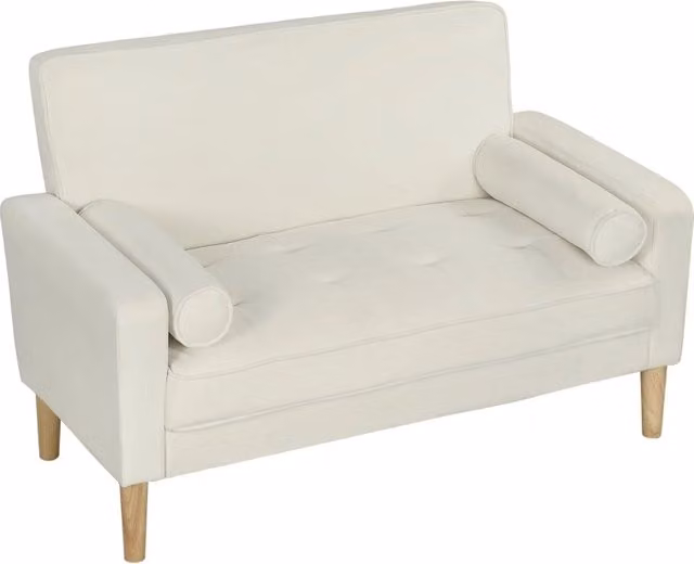 Divano a 2 posti, divano matrimoniale con gambe in legno di caucci¨´, divano imbottito per soggiorno, camera da letto, bianco crema