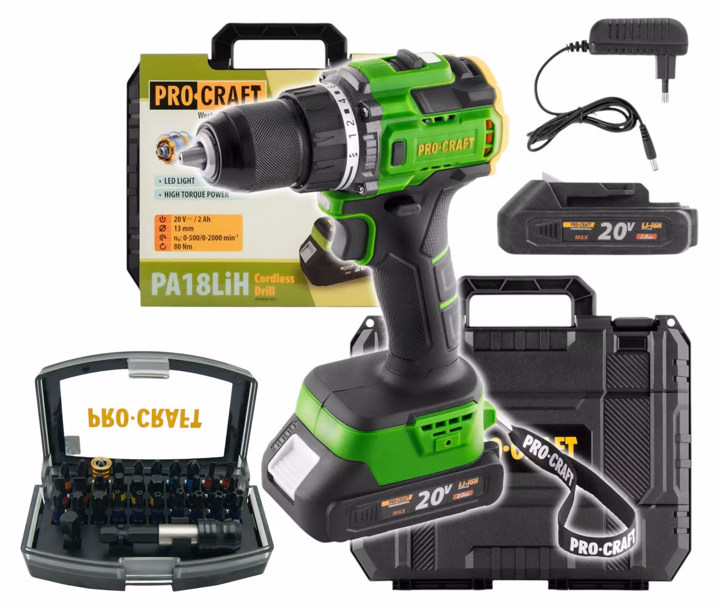 Procraft PA18LiH-1B-C Avvitatore a batteria 20 V 80 Nm Brushless + 1x batteria 2,0 Ah + caricabatteria + valigetta