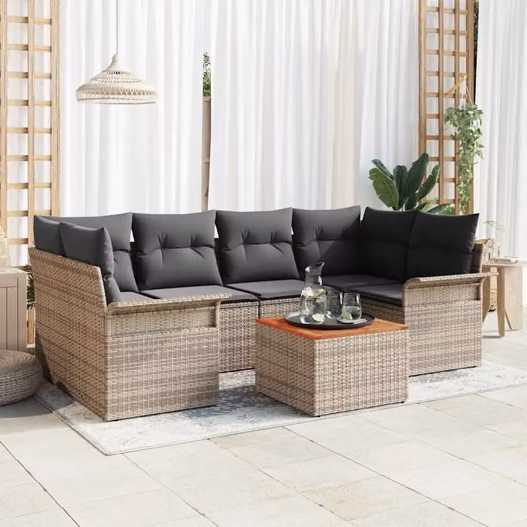 Set Divano da Giardino vidaXL 7 Pezzi in Polyrattan Grigio con Cuscini e Tavolino