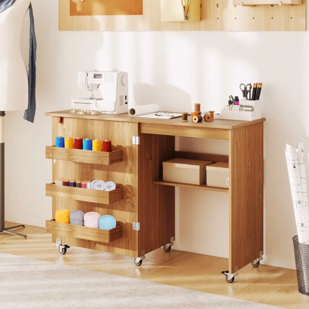 Scrivania pieghevole Design Mania con stazione di ricarica e ripiani, tavolo da computer moderno in legno e metallo, beige e marrone, L: 118,5 cm x P: 40,0 cm x H: 79,5 cm – 2