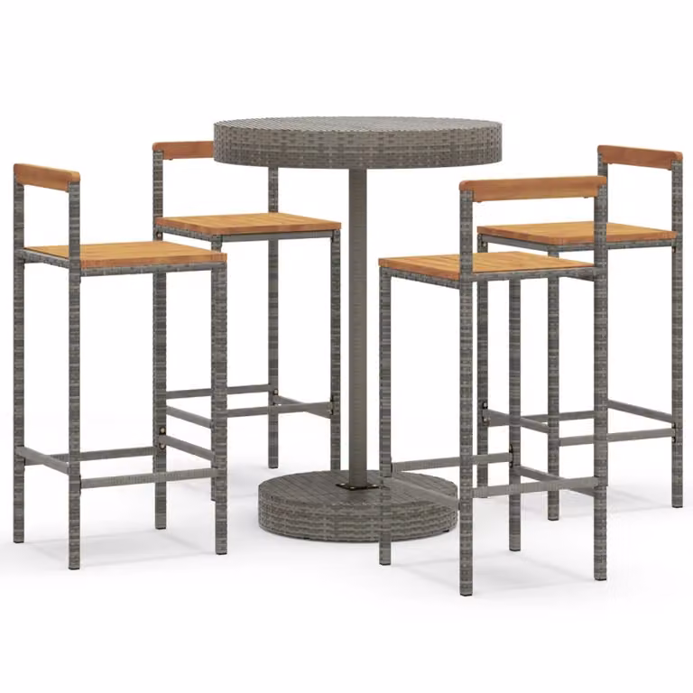 Set Bar Giardino 5pz Grigio Polyrattan e Legno Massello Acacia