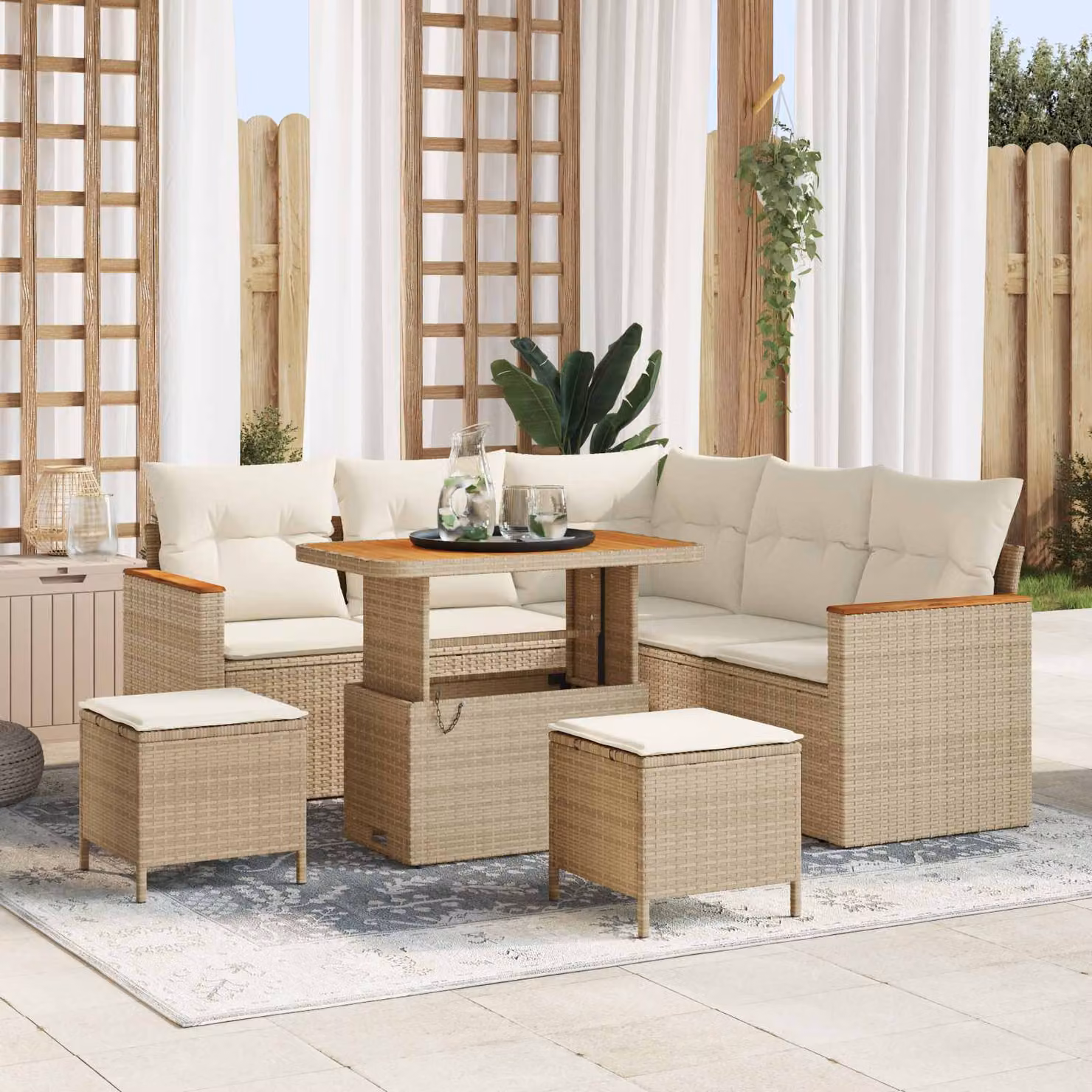 Set Divano da Giardino vidaXL 8 Pezzi in Polyrattan Beige con Cuscini e Tavolino – 1