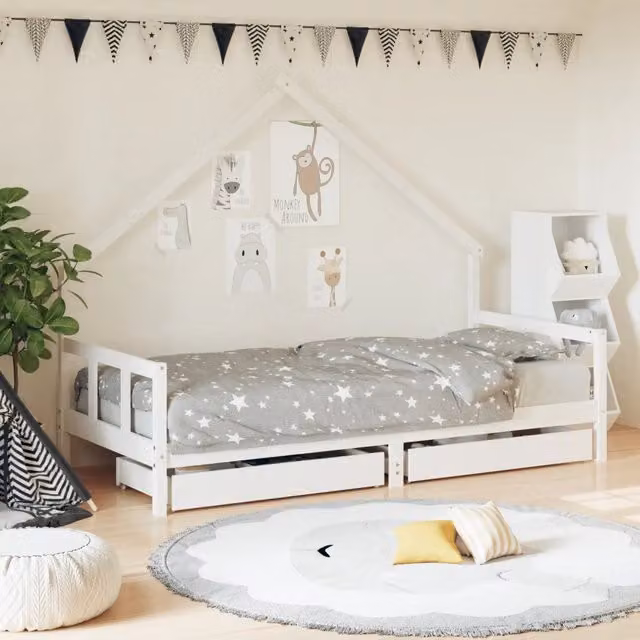 Letto a casetta per bambini vidaXL in legno di pino massello bianco con cassetti L/P/H: 200 x 90 x 163,5 cm