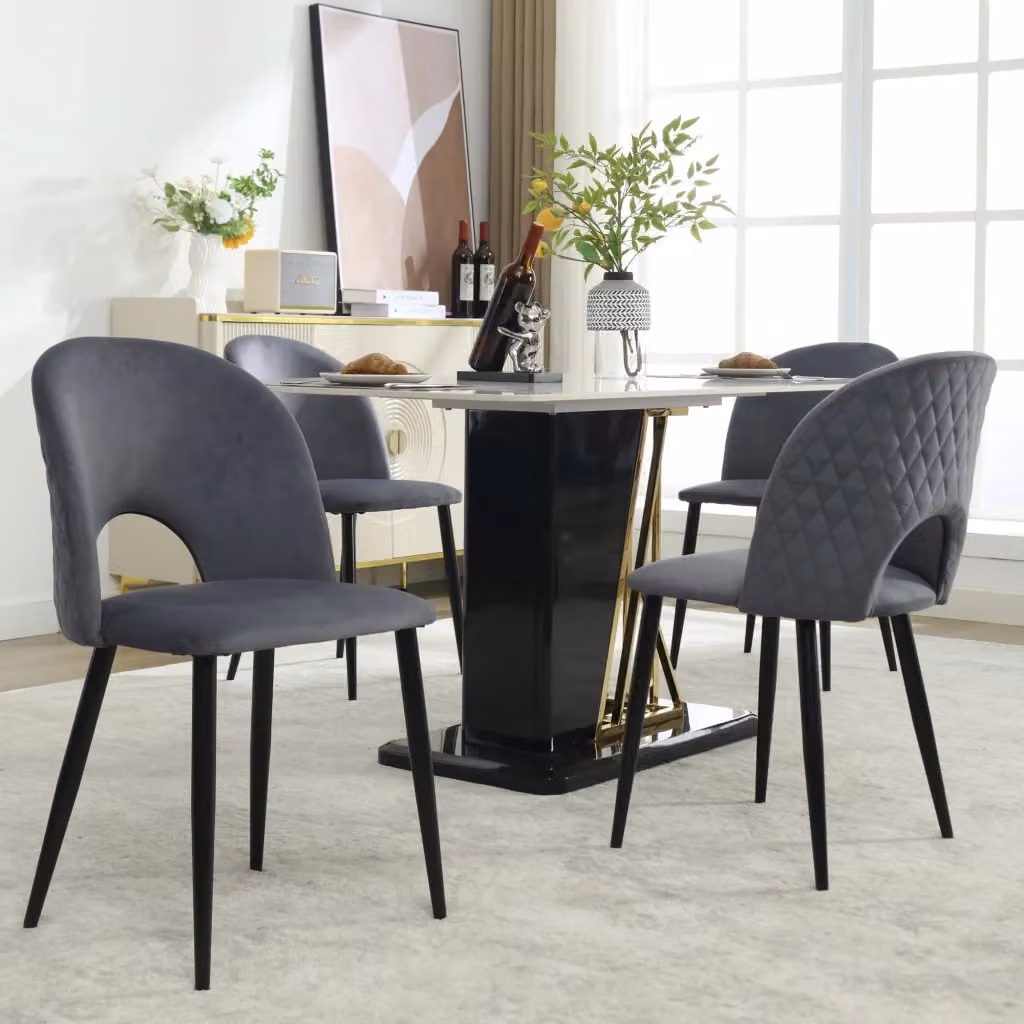 Sedia da pranzo moderna FOLYNA in velluto grigio con schienale geometrico e piedini in metallo, Altezza: 84 cm – 2