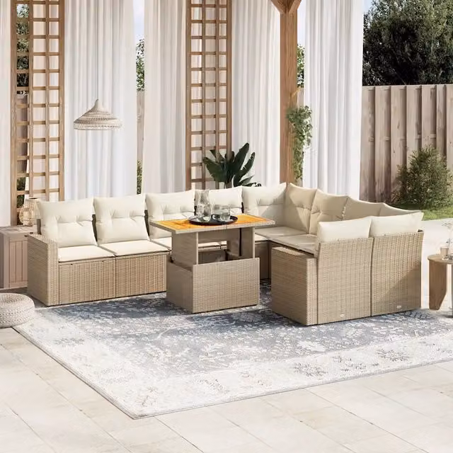 Set Divano da Giardino VIDAXL in Polyrattan Beige con 10 Pezzi e Cuscini