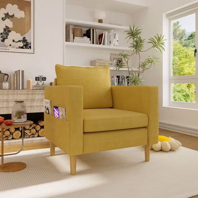 Poltrona relax imbottita Minimal in stile nordico con cuscino e braccioli, colore giallo, ideale per soggiorno o camera da letto