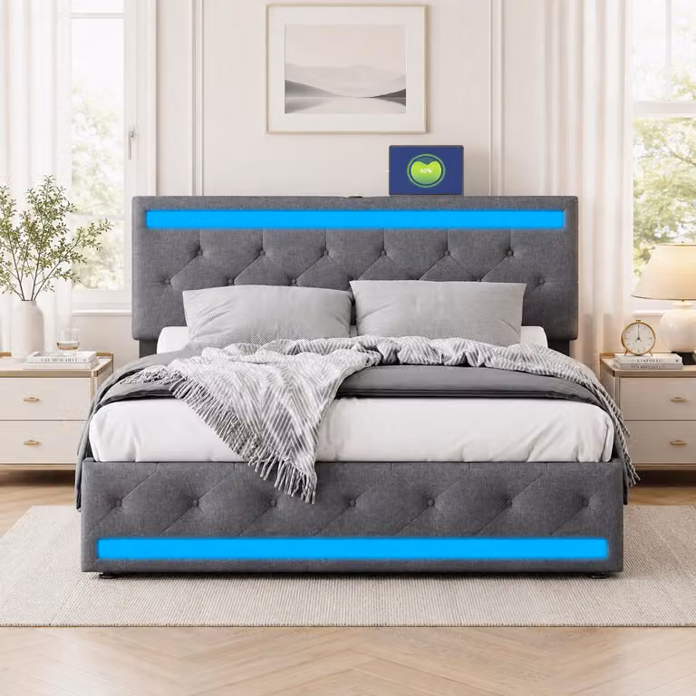 Letto imbottito INONEFT, modello contenitore, 140x200 cm, letto matrimoniale con 4 cassetti, letto per ragazzi con LED, porte USB e Type-C, letto multifunzionale con rete a doghe, colore grigio lino