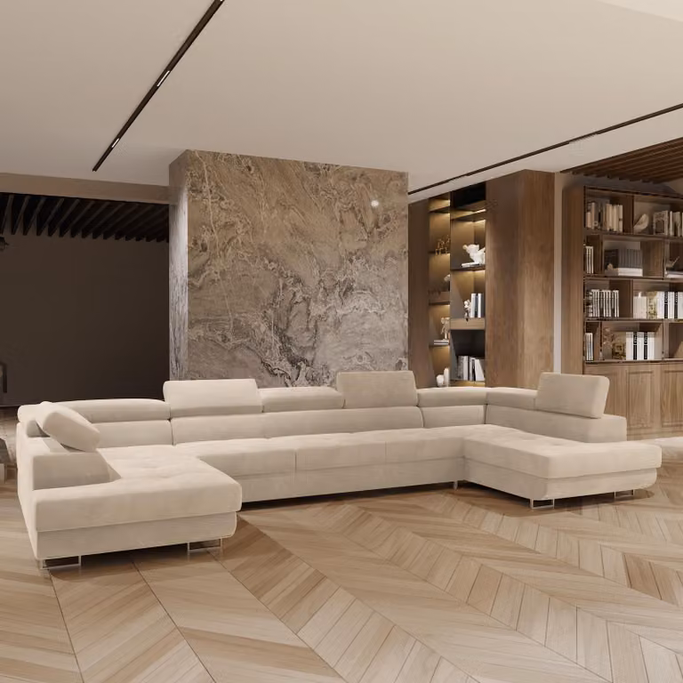 Divano angolare Masseno ISOLANO con funzione letto a U, divano con box letto, divano da salotto, divano, divano letto, set divano crema, MONOLITH 04