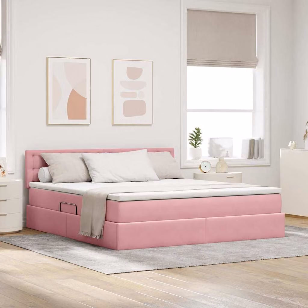 Letto con Contenitore e Testiera vidaXL in Velluto Rosa, L/P/H: 180 x 200 x 204 cm – 1