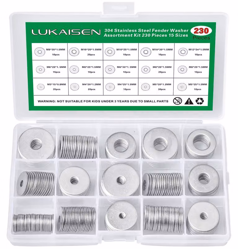 Set di 230 rondelle piatte in acciaio inossidabile, assortimento di 15 diverse dimensioni