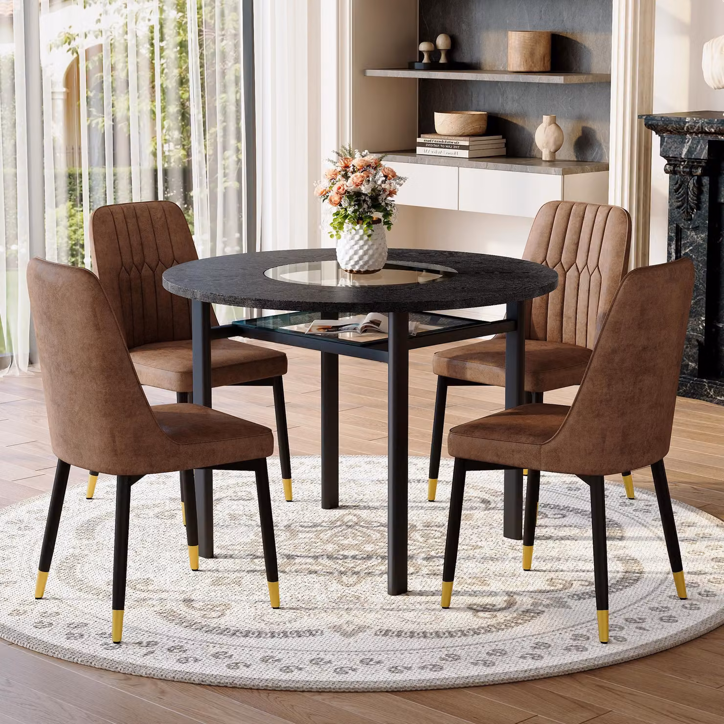 Set tavolo da pranzo STILVORA con 4 sedie in tessuto tecnico, tavolo rotondo con finitura effetto legno nero, set da pranzo con gambe in metallo nero, disponibile nei colori marrone e nero