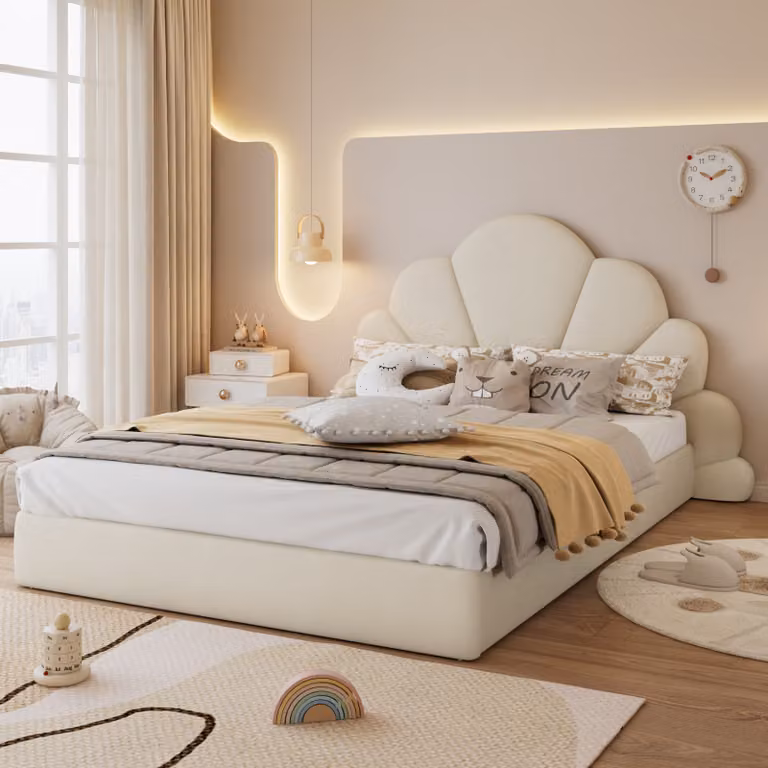 Letto imbottito Flieks 140x200cm con testata a fiori, letto per ragazzi con rete a doghe, letto matrimoniale letto classico letto in legno, velluto, beige