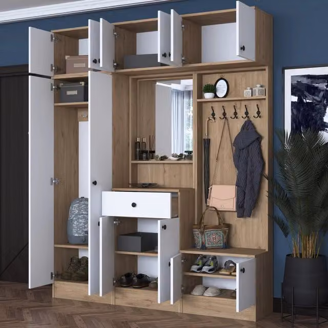 DMORA Mobile da Ingresso Moderno con Specchio e Ripiani, L: 179 cm, P: 38 cm, H: 226 cm, Bianco e Marrone – 1