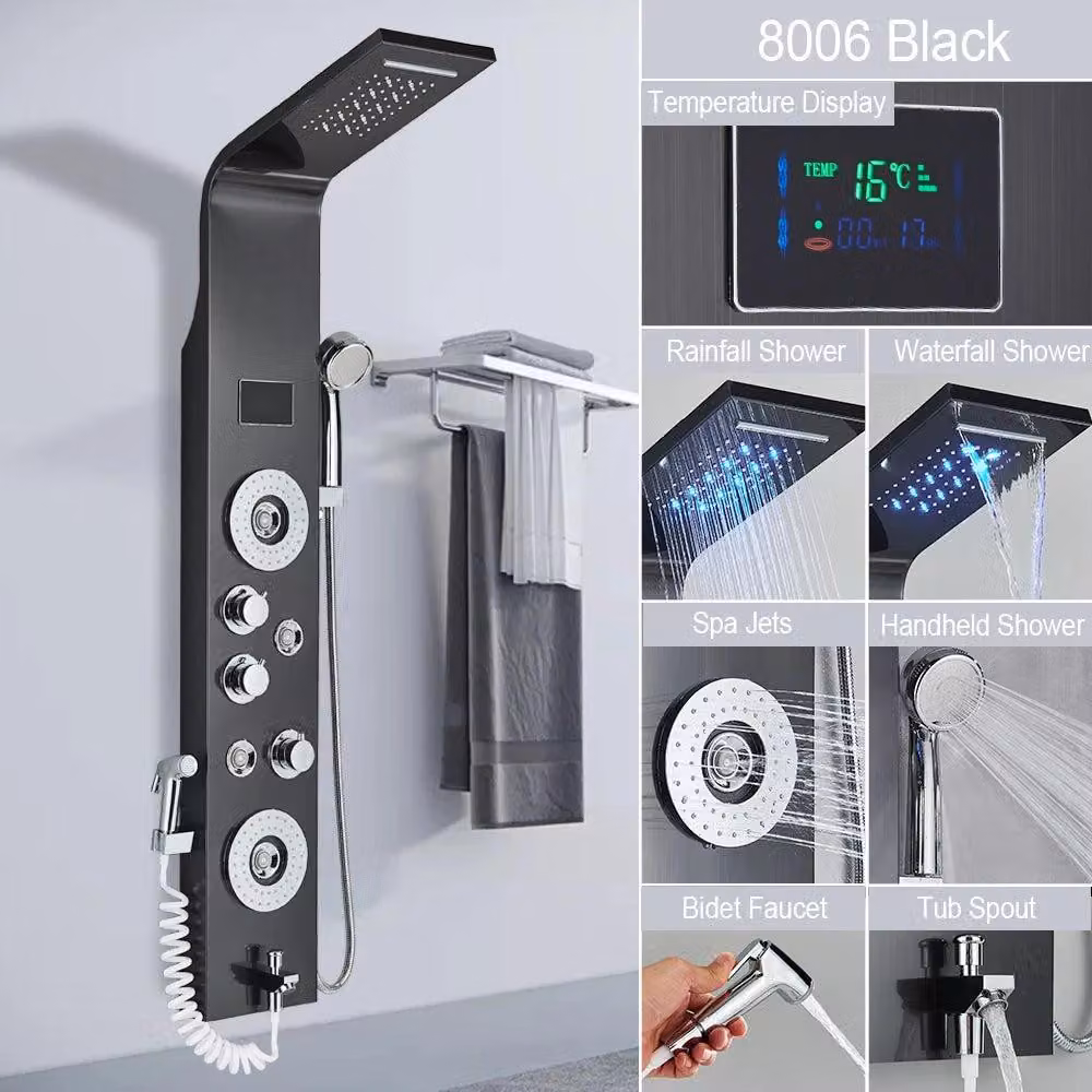 Sistema doccia a LED nero con getti massaggio a cascata e tre miscelatori per il bagno