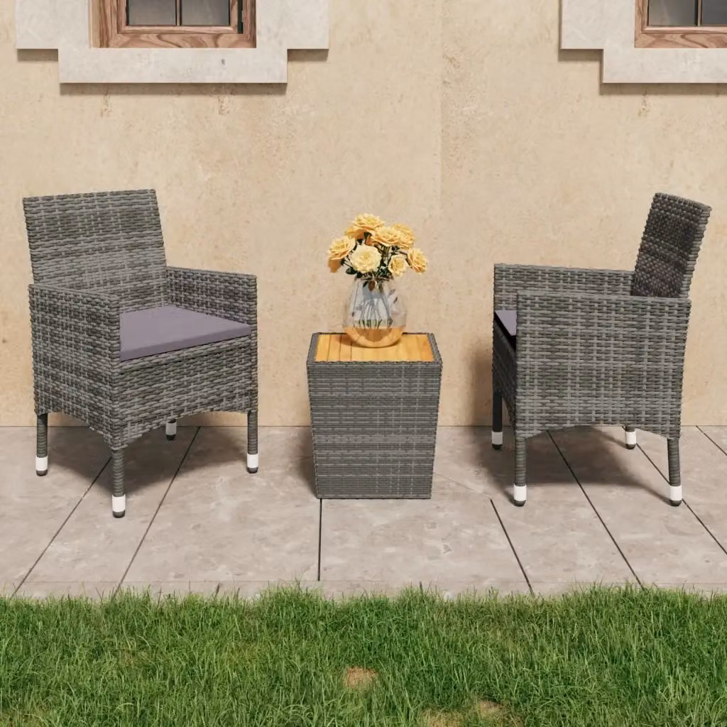 Set da Bistrot 3 pz in Polyrattan e Legno di Acacia Grigio per Giardino e Terrazzo – 2