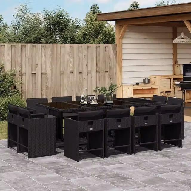 Set da Pranzo da Giardino 13pz con Cuscini Nero in Polyrattan 3211219